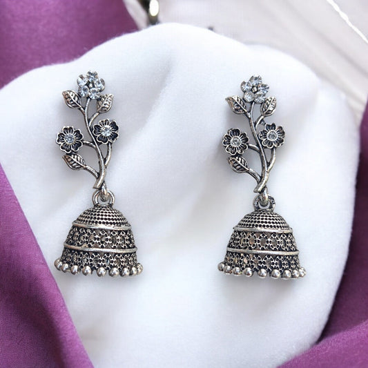 Jwelric Oxidized Silver Jhumkas with Flower and Leaf Design