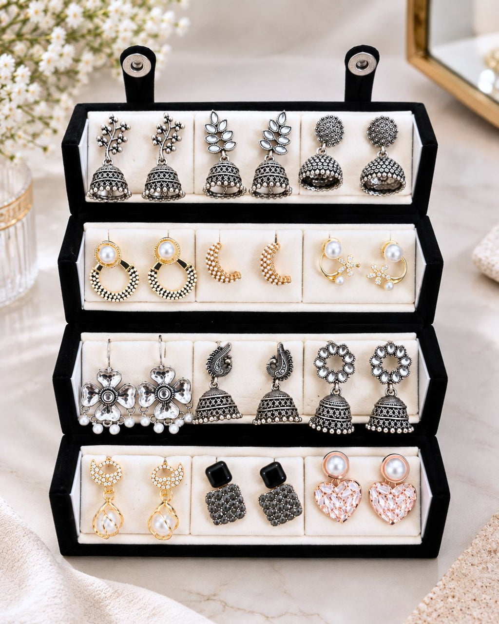 Jwelric Women’s Fashion Earrings Combo – 12 Pairs of Jhumka, Pearl & Contemporary Earrings with Black Organiser