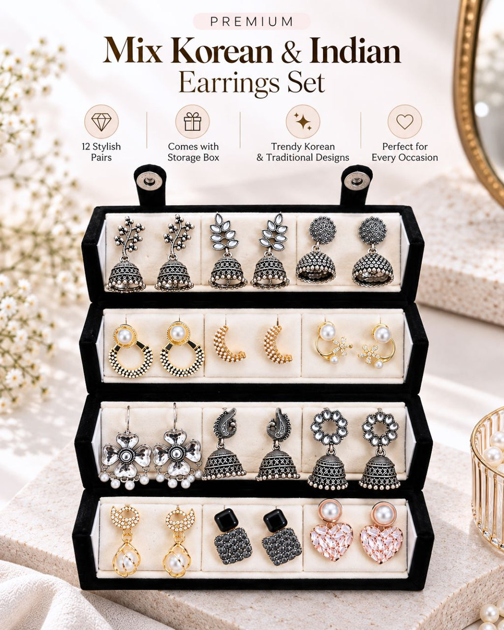 Jwelric Women’s Fashion Earrings Combo – 12 Pairs of Jhumka, Pearl & Contemporary Earrings with Black Organiser