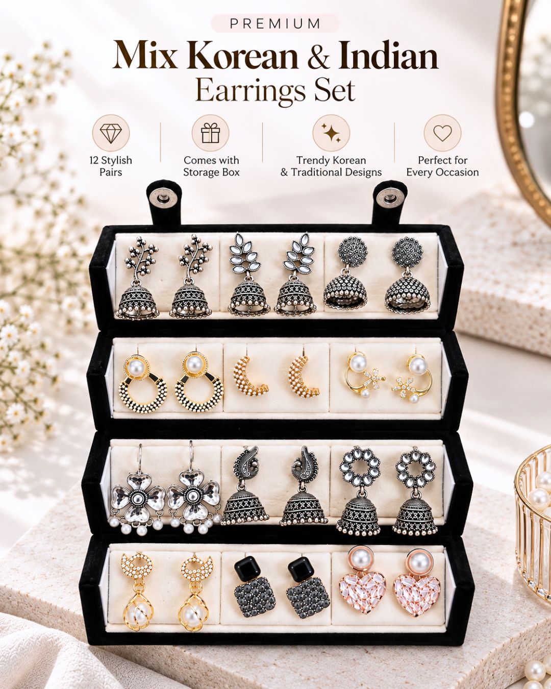 Jwelric Women’s Fashion Earrings Combo – 12 Pairs of Jhumka, Pearl & Contemporary Earrings with Black Organiser