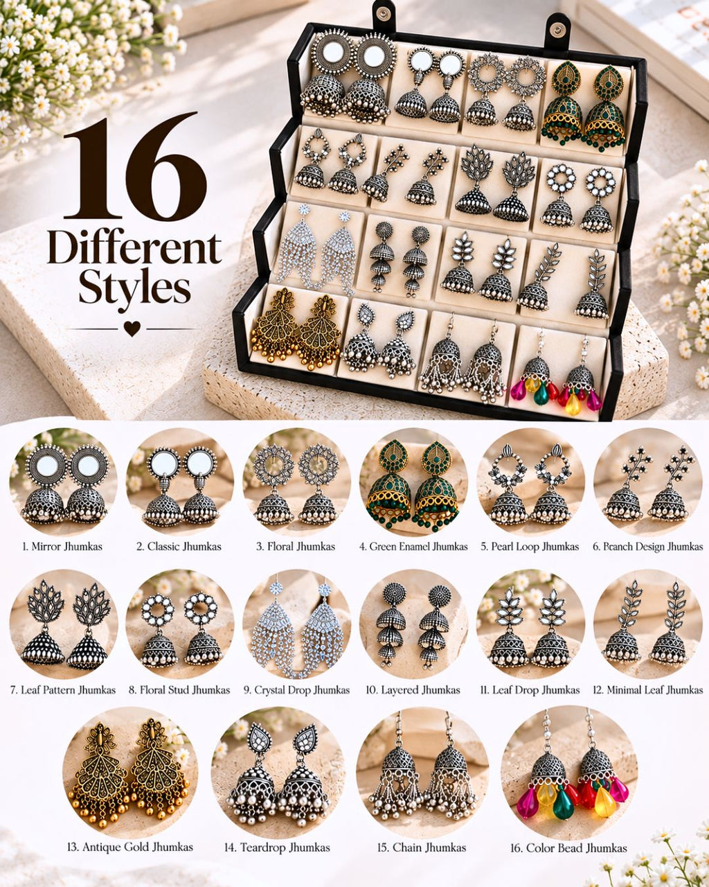 Jwelric 16 Pairs Traditional Jhumka Earrings Set for Women
