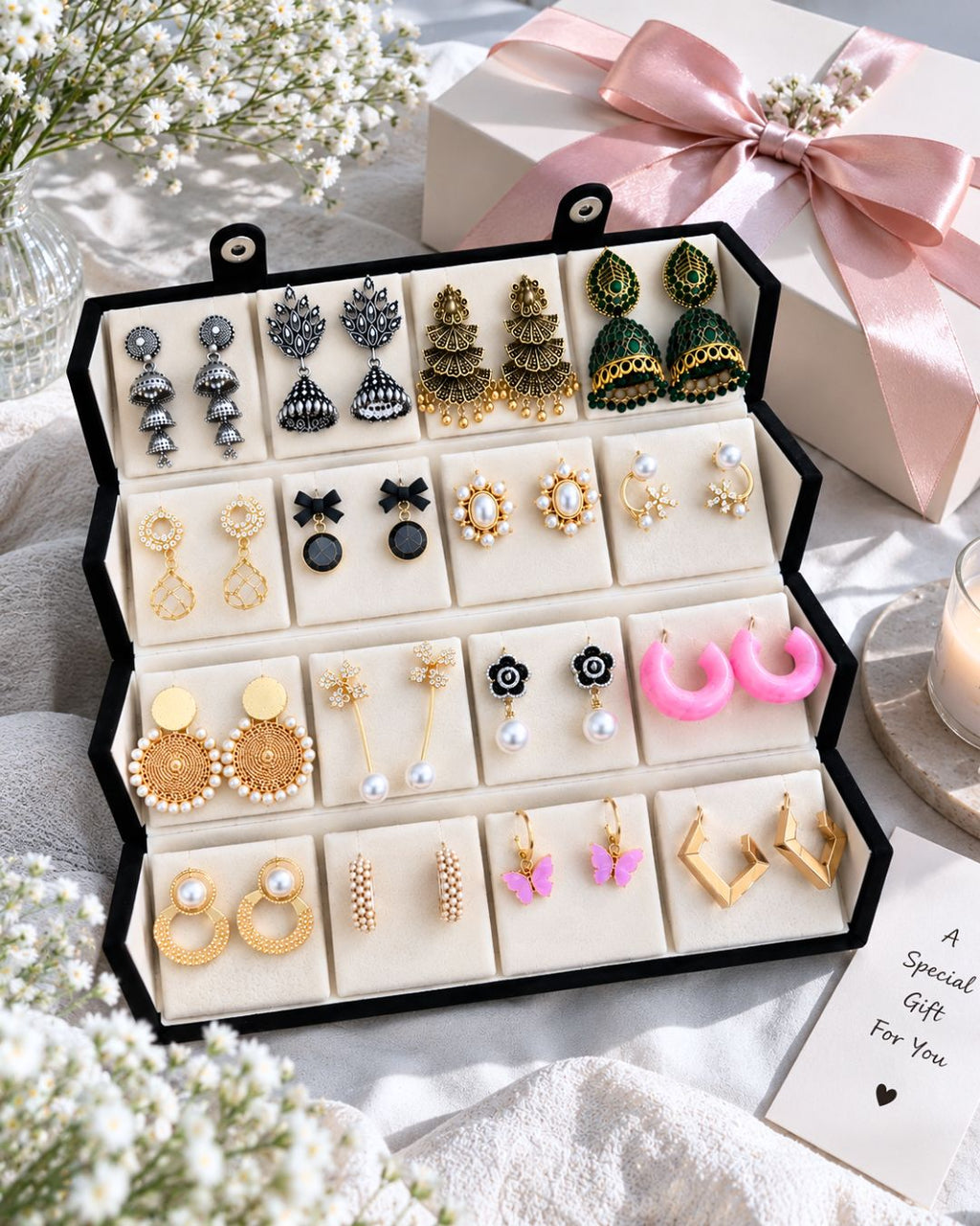 Jwelric 16 Pairs Korean & Traditional Jhumka Earrings Set with Black Storage Box for Women