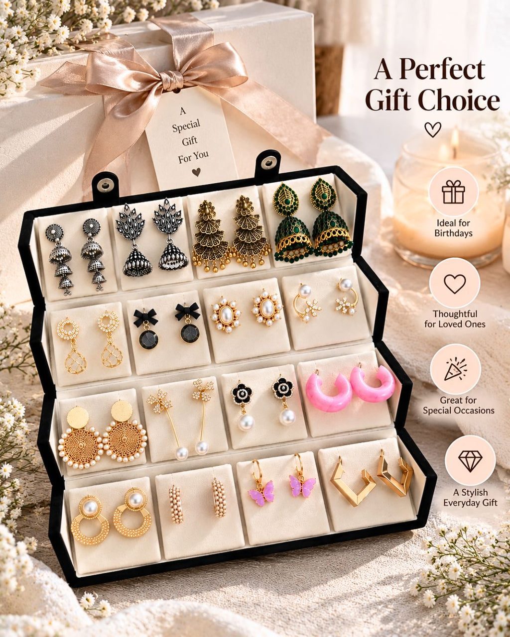 Jwelric 16 Pairs Korean & Traditional Jhumka Earrings Set with Black Storage Box for Women