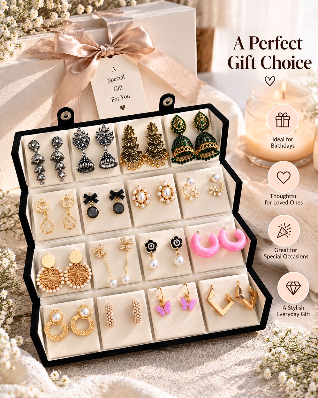 Jwelric 16 Pairs Korean & Traditional Jhumka Earrings Set with Black Storage Box for Women