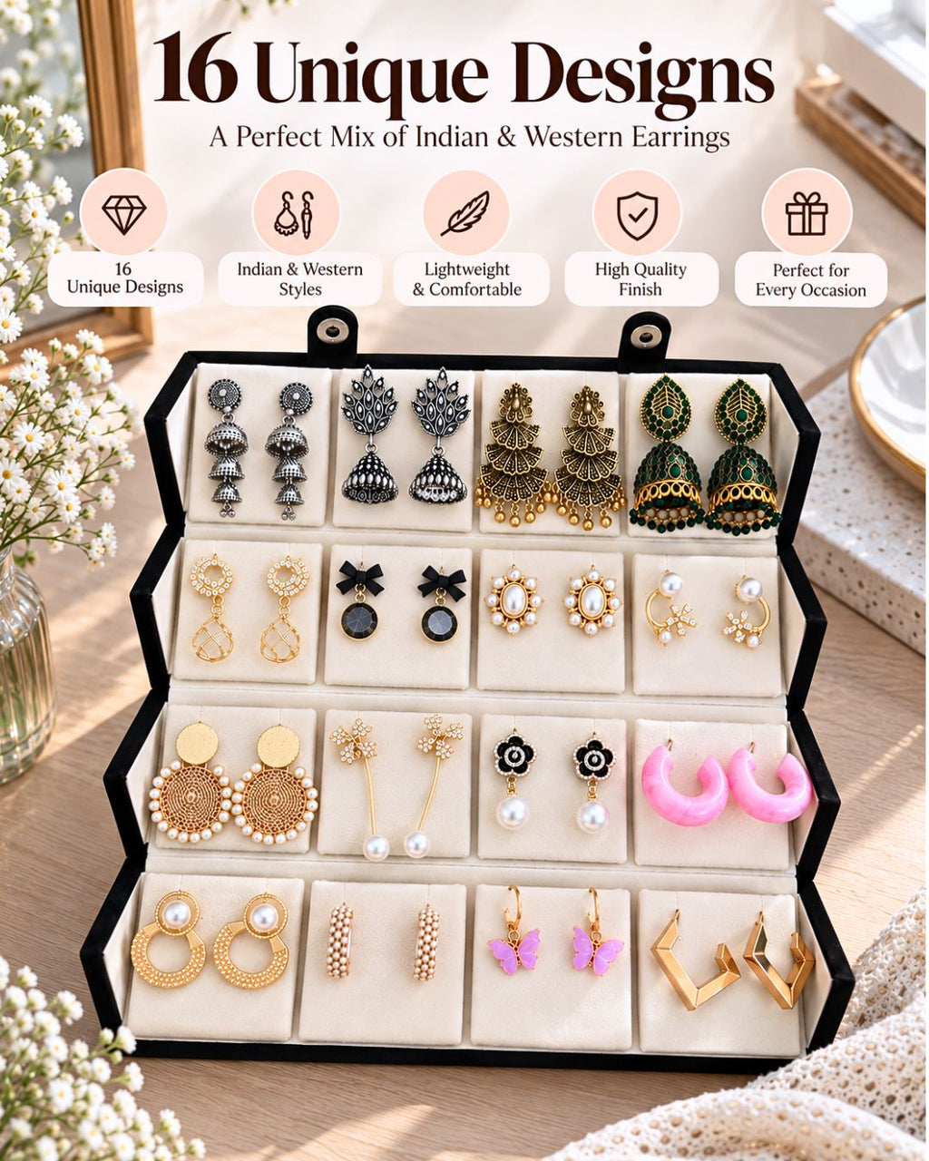 Jwelric 16 Pairs Korean & Traditional Jhumka Earrings Set with Black Storage Box for Women