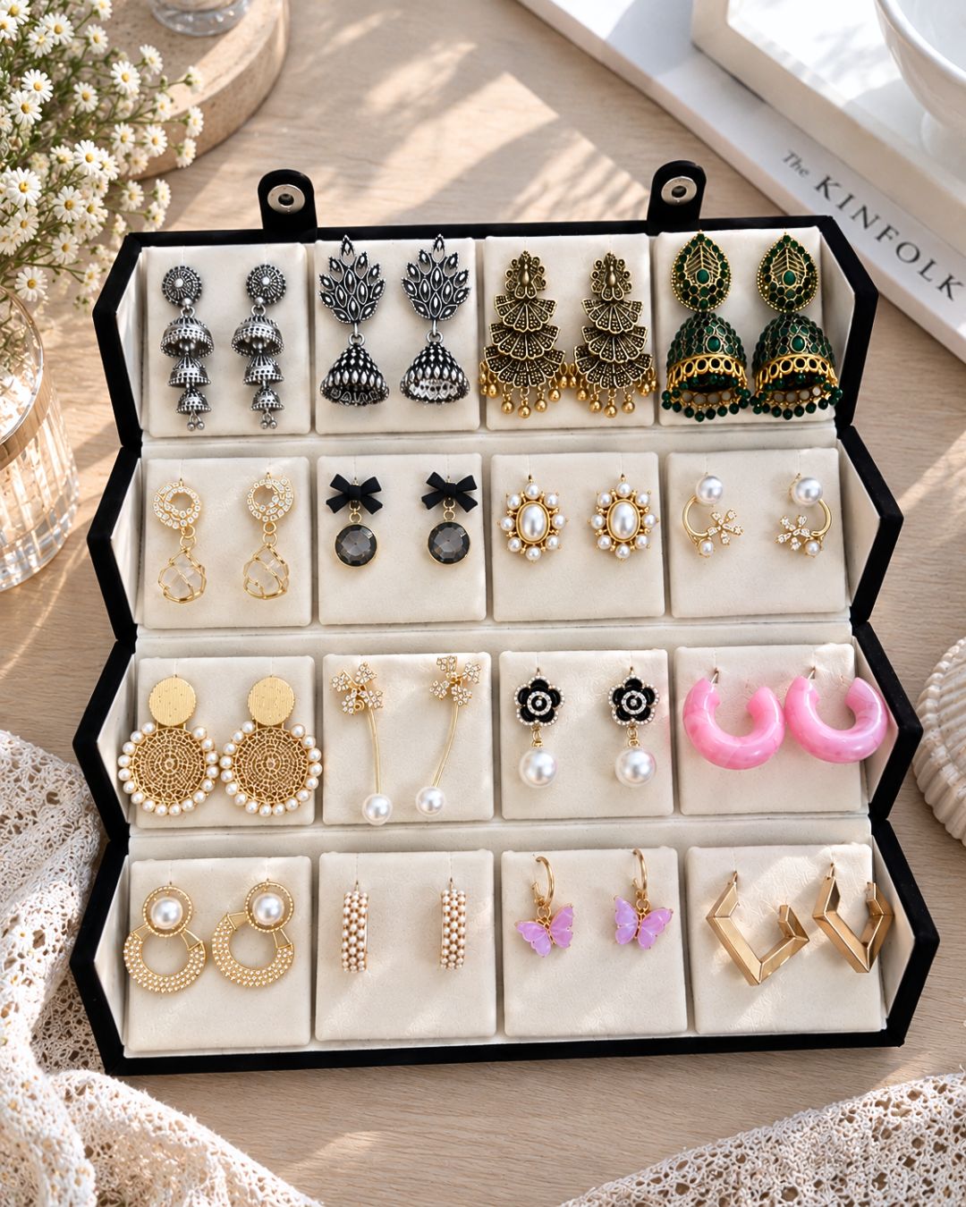 Jwelric 16 Pairs Korean & Traditional Jhumka Earrings Set with Black Storage Box for Women
