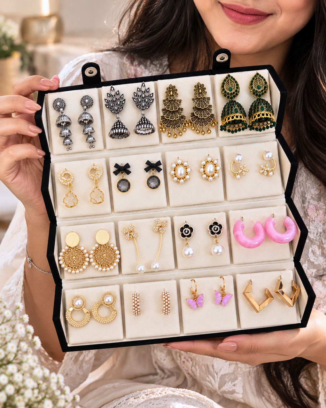 Jwelric 16 Pairs Korean & Traditional Jhumka Earrings Set with Black Storage Box for Women