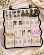 Jwelric 16 Pairs Korean & Traditional Jhumka Earrings Set with Black Storage Box for Women