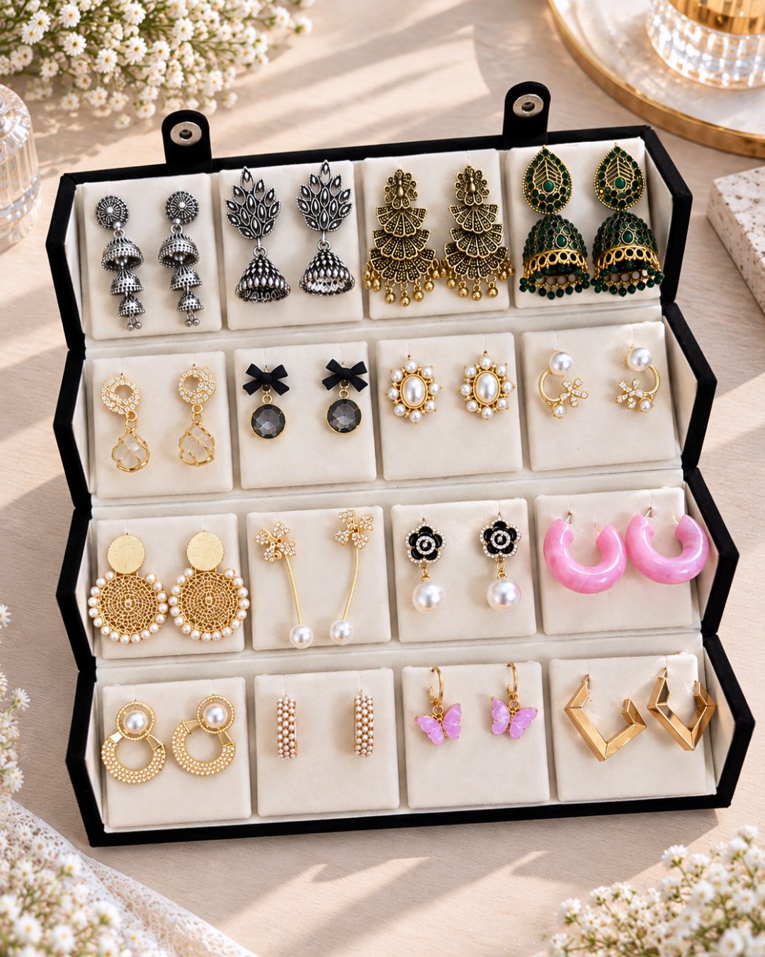 Jwelric 16 Pairs Korean & Traditional Jhumka Earrings Set with Black Storage Box for Women