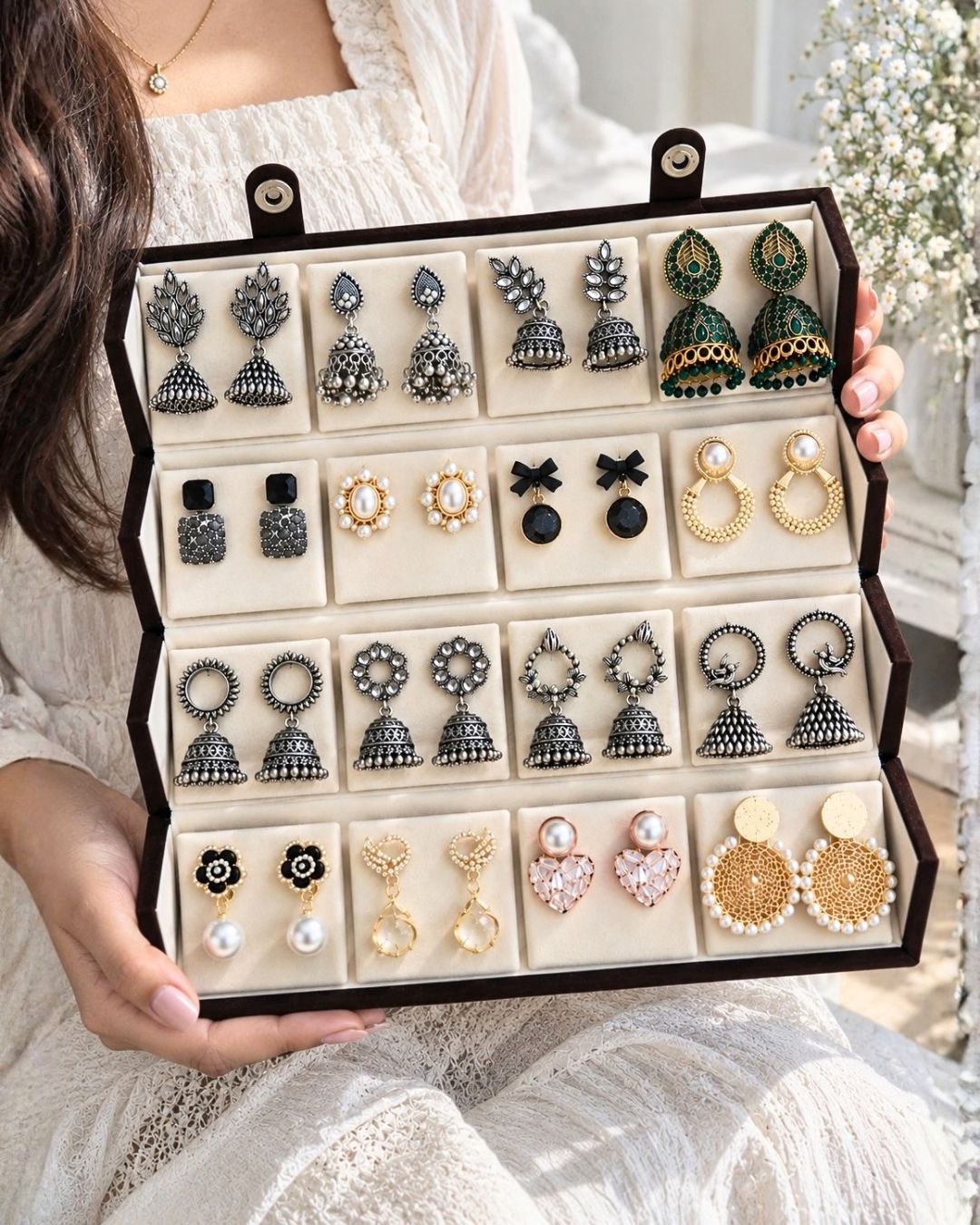Jwelric 16 Pairs Korean & Traditional Jhumka Earrings Set with Brown Storage Box for Women