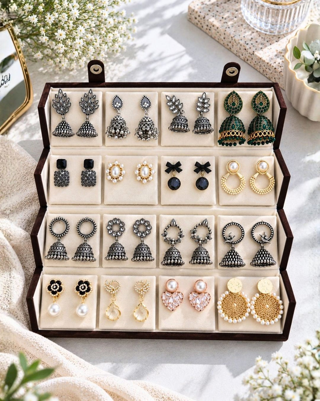 Jwelric 16 Pairs Korean & Traditional Jhumka Earrings Set with Brown Storage Box for Women