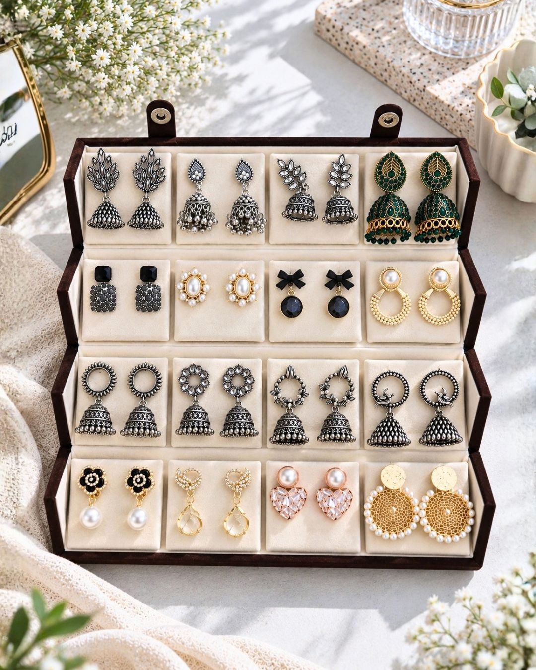 Jwelric 16 Pairs Korean & Traditional Jhumka Earrings Set with Brown Storage Box for Women