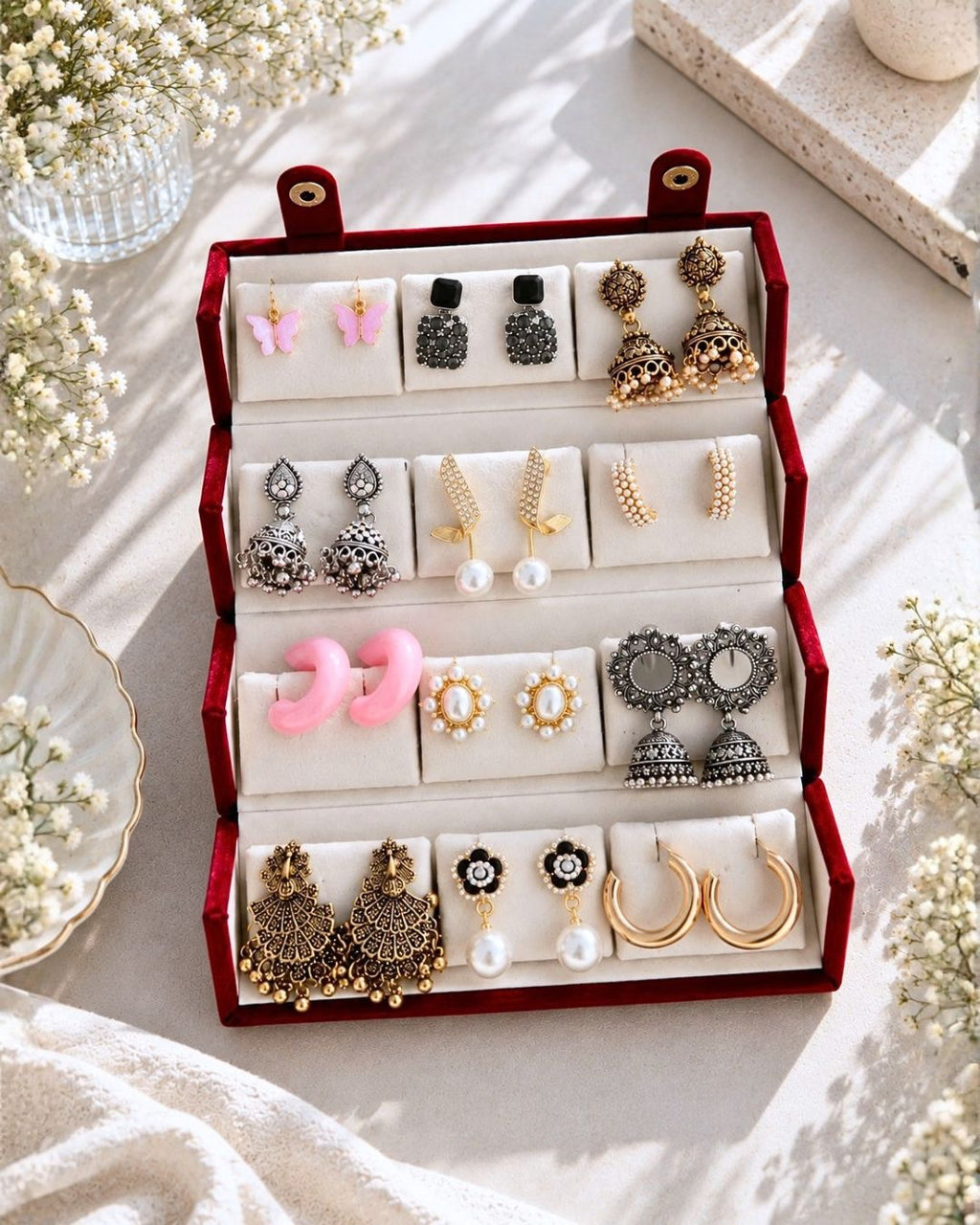 Jwelric 12 Pairs Women’s Earrings Set – Korean Style, Traditional Jhumkas Collection with Jewellery Storage Box