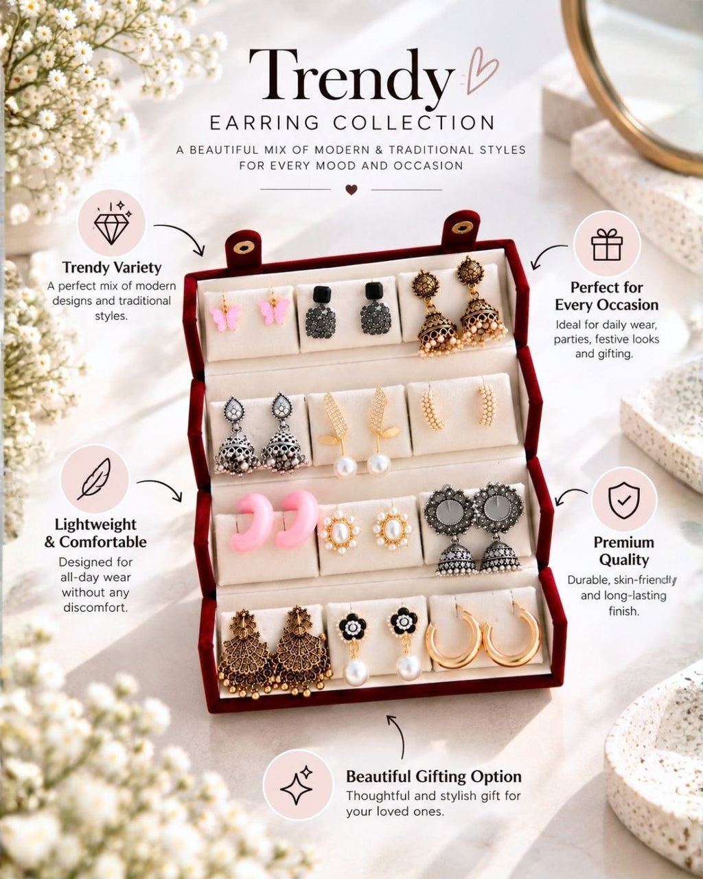 Jwelric 12 Pairs Women’s Earrings Set – Korean Style, Traditional Jhumkas Collection with Jewellery Storage Box