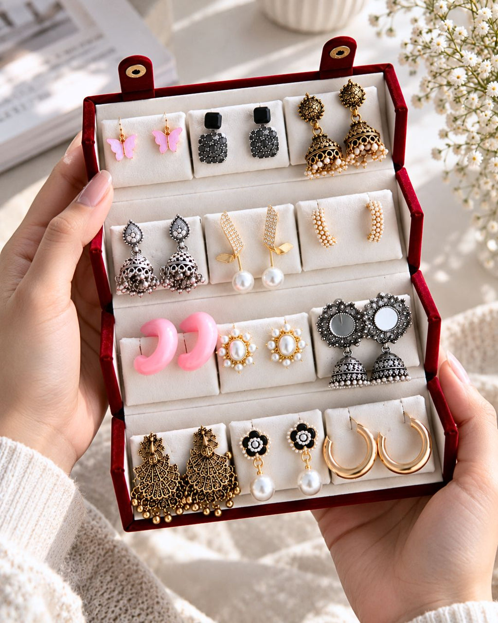 Jwelric 12 Pairs Women’s Earrings Set – Korean Style, Traditional Jhumkas Collection with Jewellery Storage Box