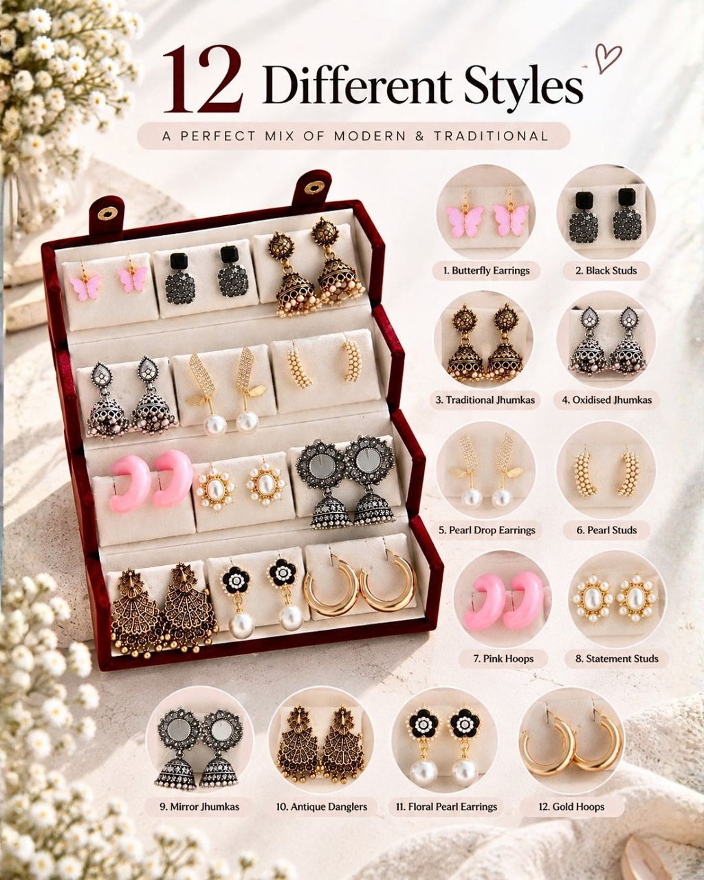 Jwelric 12 Pairs Women’s Earrings Set – Korean Style, Traditional Jhumkas Collection with Jewellery Storage Box