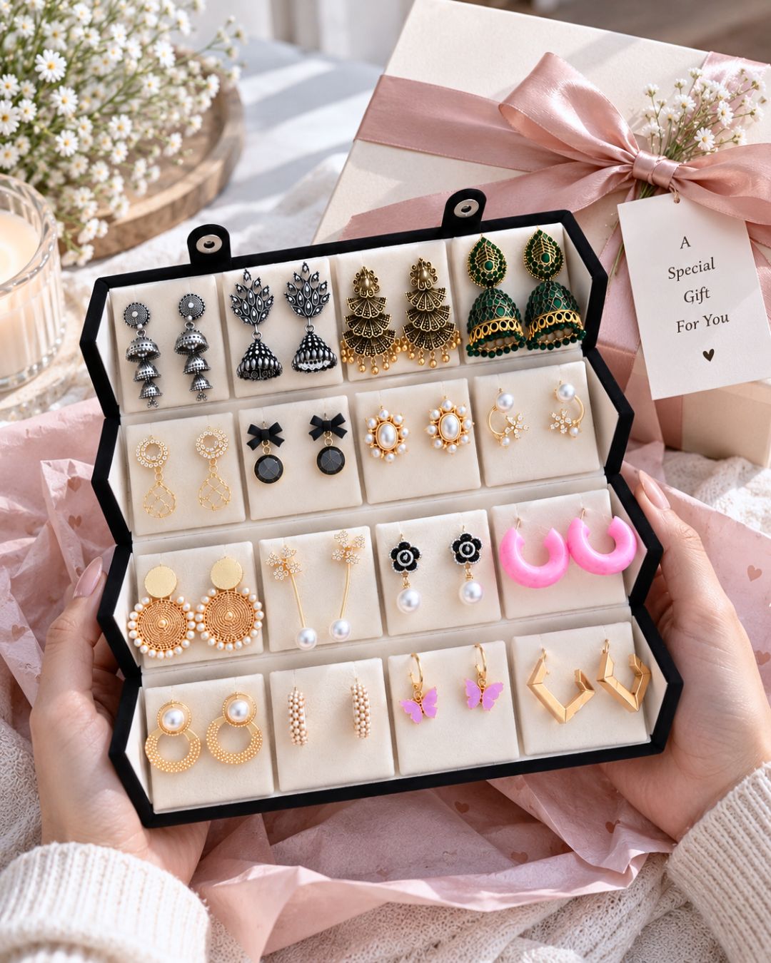 Jwelric 16 Pairs Korean & Traditional Jhumka Earrings Set with Black Storage Box for Women