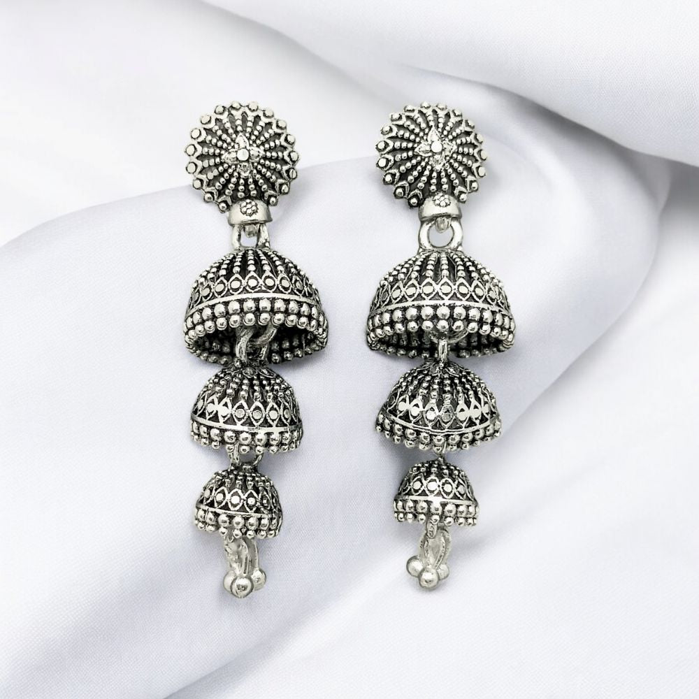 Elegant Triple-Tiered Oxidized Jhumka Earrings for Women