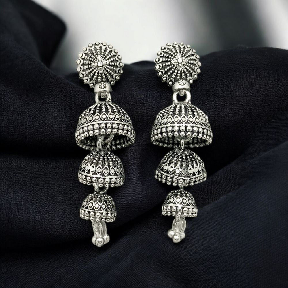 Elegant Triple-Tiered Oxidized Jhumka Earrings for Women