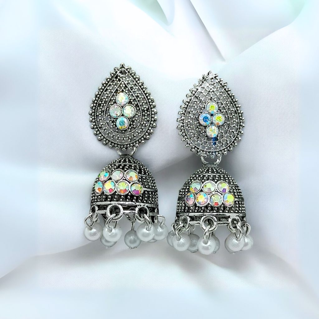 Oxidized Jhumkas with Teardrop Accents