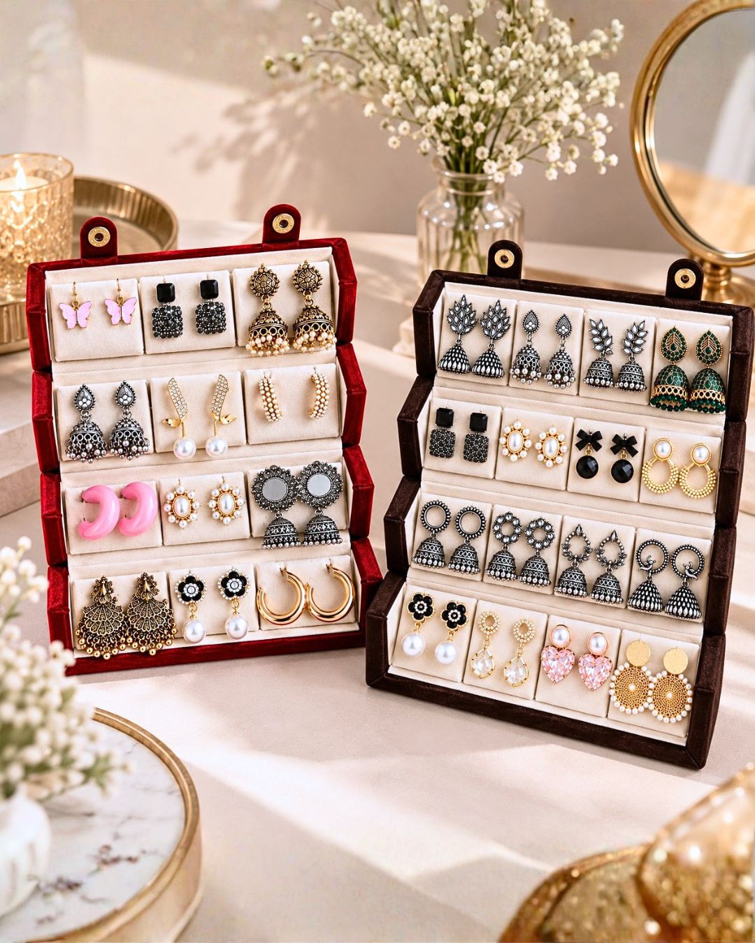 Jwelric 16 Pairs Korean & Traditional Jhumka Earrings Set with Brown Storage Box for Women