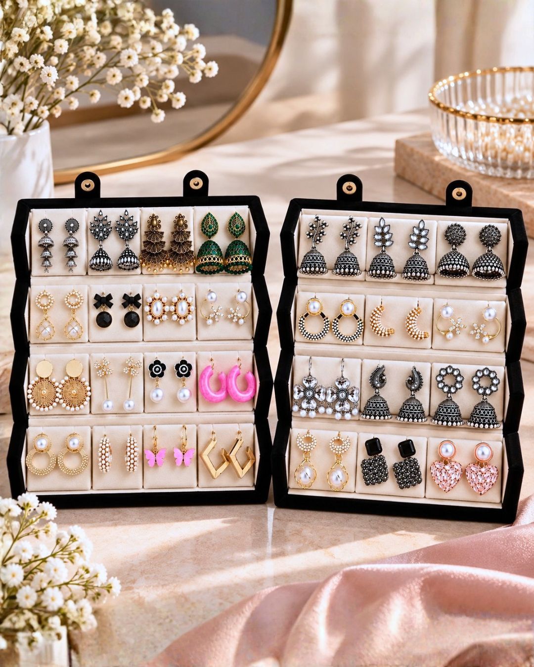 Jwelric Women’s Fashion Earrings Combo – 12 Pairs of Jhumka, Pearl & Contemporary Earrings with Black Organiser