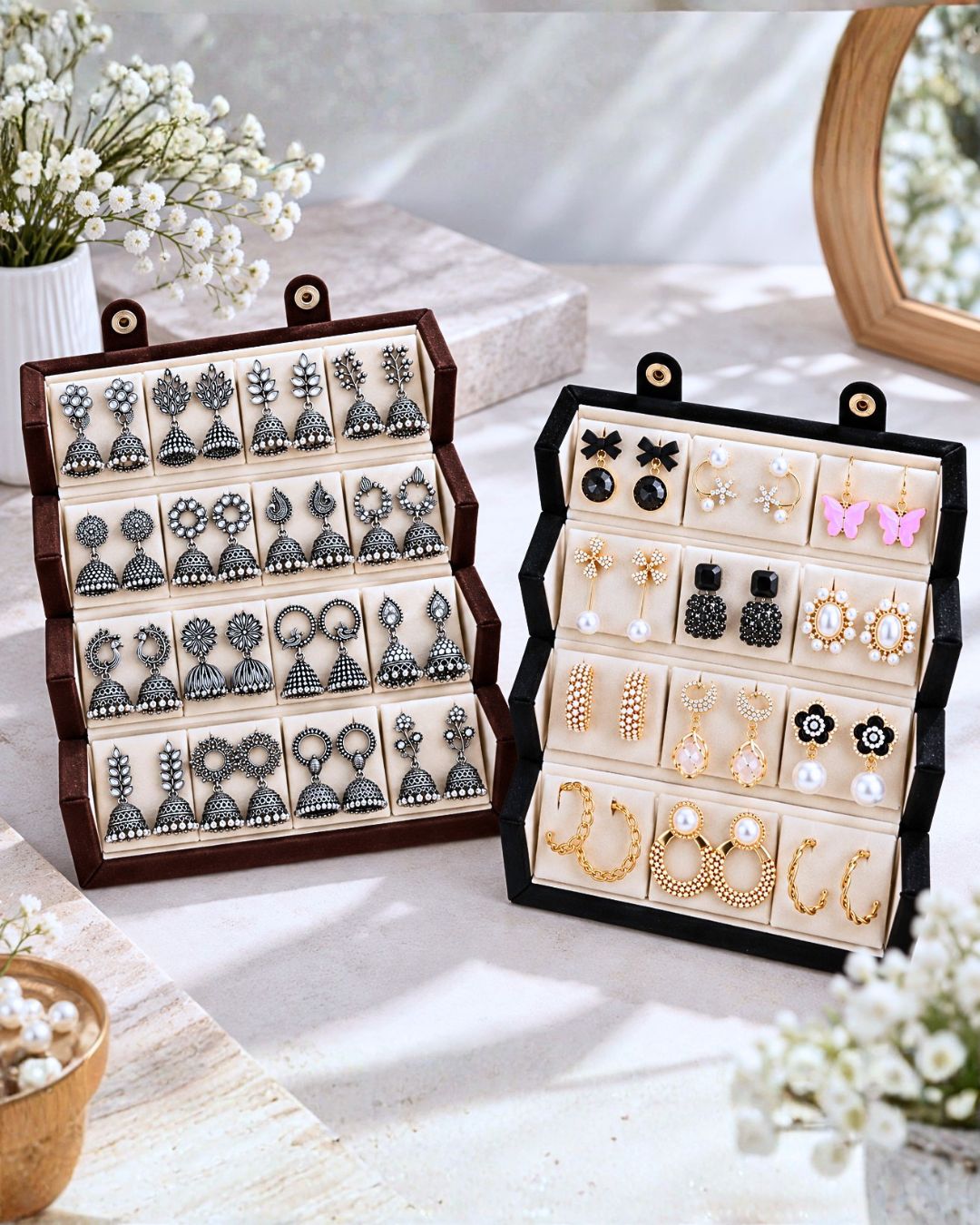 Jwelric 16 Pairs Oxidised Silver Jhumka Earrings Set