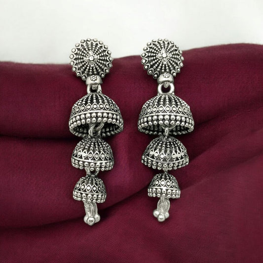 Elegant Triple-Tiered Oxidized Jhumka Earrings for Women