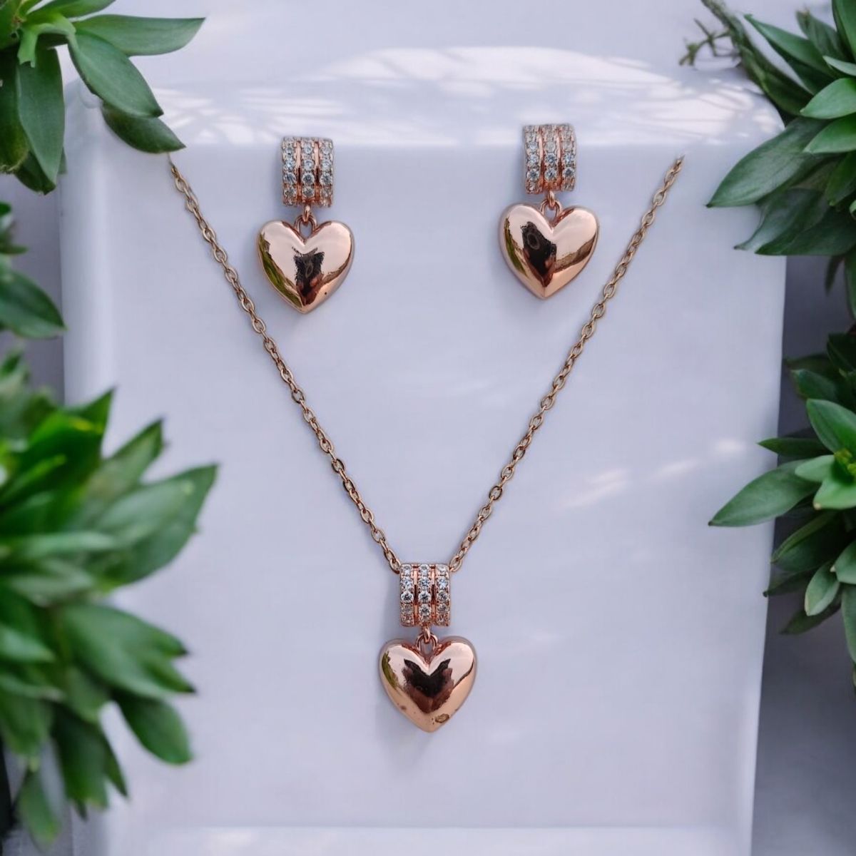 Jwelric Rose Gold Plated Heart Necklace Set With Earring