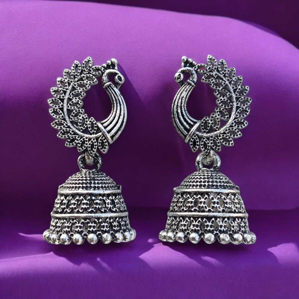 Peacock Jhumkas: Silver-Plated Oxidized Earrings