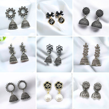 Set of 9 Oxidised & Gold-Plated Jhumka Earrings