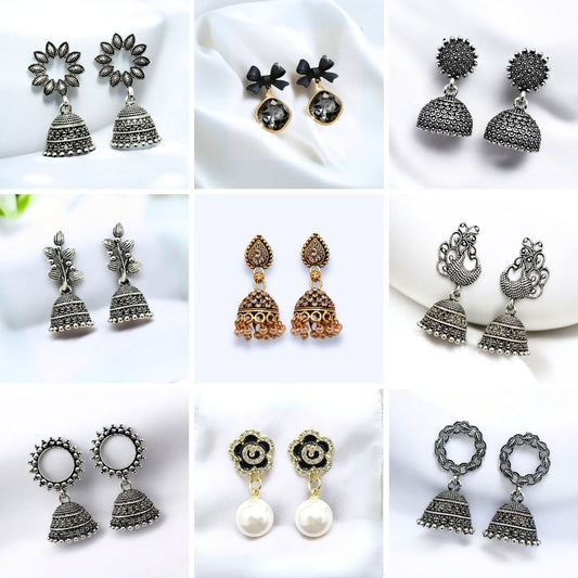 Set of 9 Oxidised & Gold-Plated Jhumka Earrings